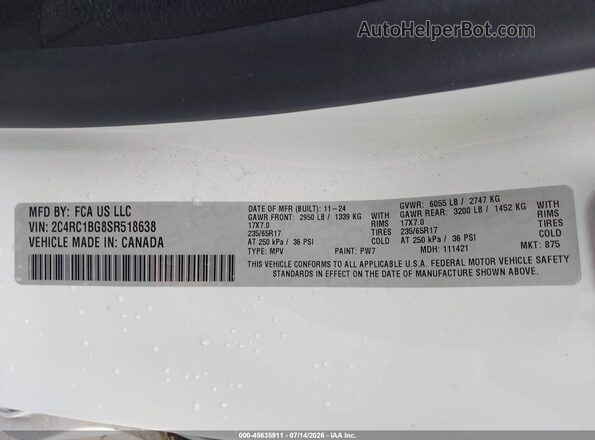 2C4RC1BG8SR518638 2025 CHRYSLER PACIFICA White Vista del compartimento del motor