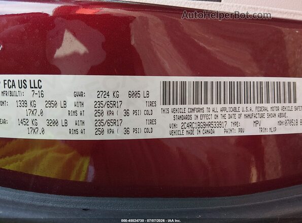 2C4RC1BG9HR533917 2017 CHRYSLER PACIFICA Burgundy Engine compartment view