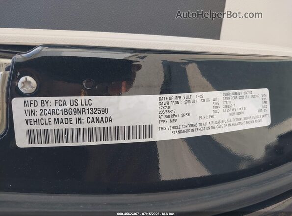 2C4RC1BG9NR132590 2022 CHRYSLER PACIFICA Black Вид підкапотного простору