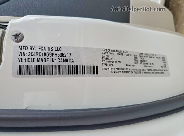 2C4RC1BG9PR536217 2023 CHRYSLER PACIFICA White VIN կոդի պիտակի տեսք