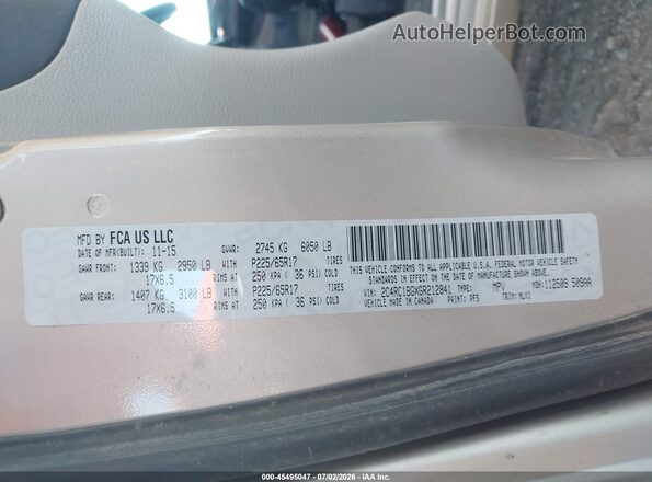 2C4RC1BGXGR212841 2016 CHRYSLER TOWN & COUNTRY Beige Engine compartment view