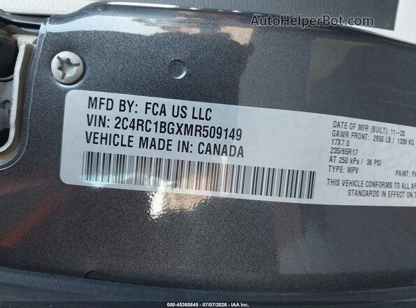 2C4RC1BGXMR509149 2021 CHRYSLER PACIFICA Gray Widok komory silnika