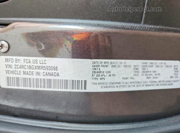 2C4RC1BGXMR593098 2021 CHRYSLER PACIFICA Gray VIN sticker view