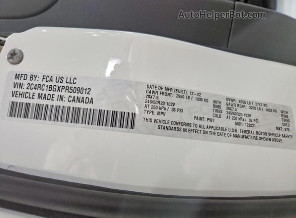 2C4RC1BGXPR509012 2023 CHRYSLER PACIFICA White Вид наклейки з VIN-кодом