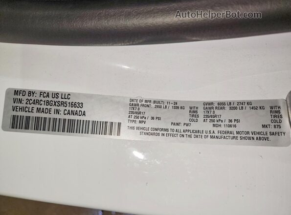 2C4RC1BGXSR516633 2025 CHRYSLER PACIFICA White VIN կոդի պիտակի տեսք