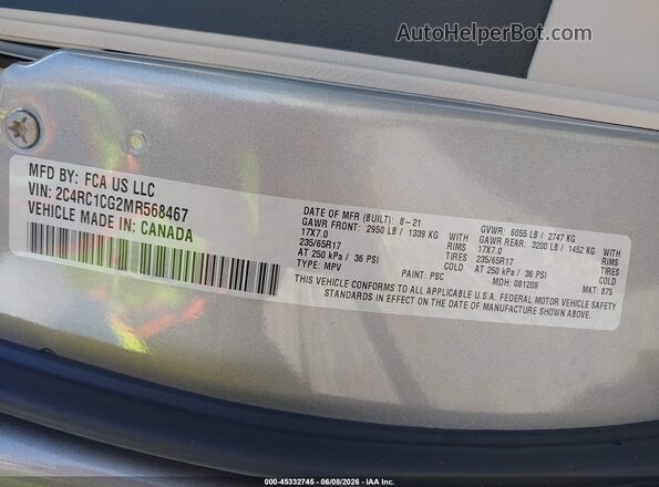 2C4RC1CG2MR568467 2021 CHRYSLER VOYAGER Gray Widok komory silnika