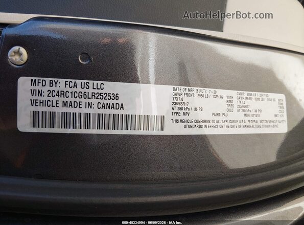 2C4RC1CG6LR252536 2020 CHRYSLER VOYAGER Gray Engine compartment view