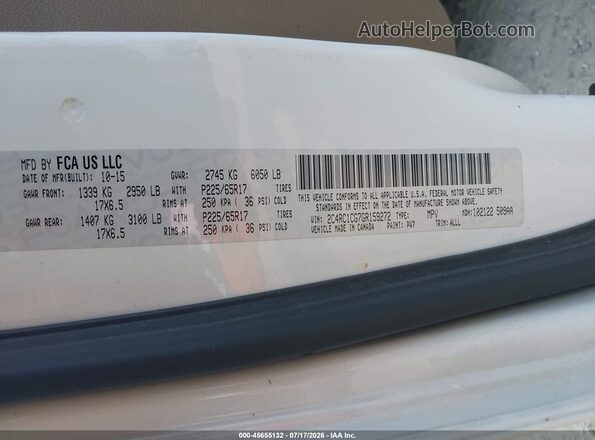 2C4RC1CG7GR159272 2016 CHRYSLER TOWN & COUNTRY White Vista del compartimento del motor
