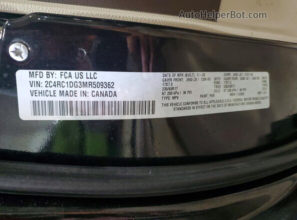 2C4RC1DG3MR509362 2021 CHRYSLER VOYAGER Черный Вид наклейки с VIN-кодом