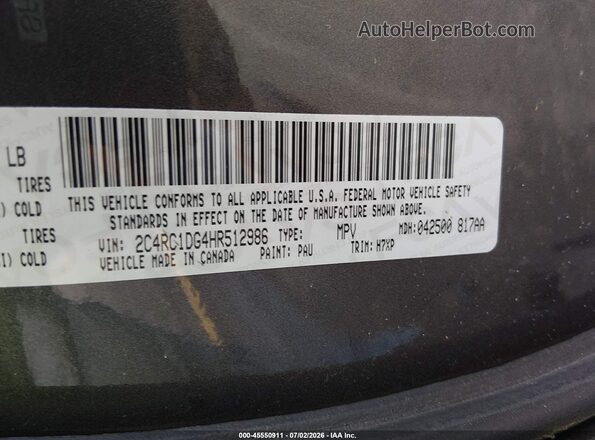 2C4RC1DG4HR512986 2017 CHRYSLER PACIFICA Gray Շարժիչի բաժամունքի տեսք