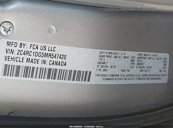 2C4RC1DG5MR547420 2021 CHRYSLER VOYAGER Silver Շարժիչի բաժամունքի տեսք