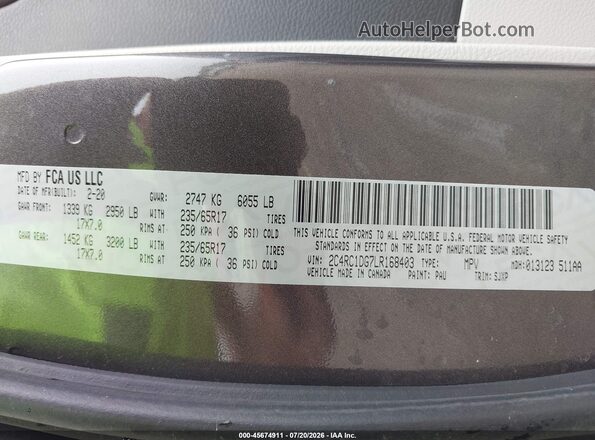 2C4RC1DG7LR168403 2020 CHRYSLER VOYAGER Gray Engine compartment view