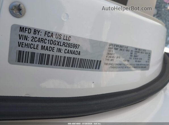 2C4RC1DGXLR265997 2020 CHRYSLER VOYAGER White Вид підкапотного простору