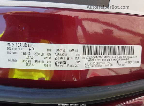 2C4RC1EG0HR796311 2017 CHRYSLER PACIFICA Burgundy ძრავის განყოფილების ხედი