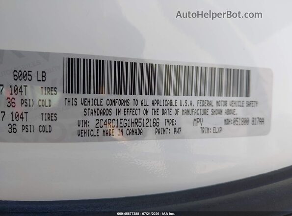 2C4RC1EG1HR512166 2017 CHRYSLER PACIFICA White ძრავის განყოფილების ხედი