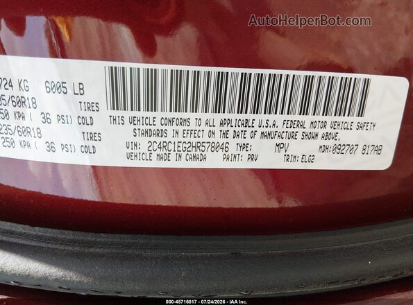 2C4RC1EG2HR578046 2017 CHRYSLER PACIFICA Red Շարժիչի բաժամունքի տեսք