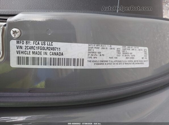 2C4RC1FG0LR249711 2020 CHRYSLER PACIFICA Gray Vista del compartimento del motor