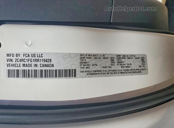 2C4RC1FG1RR119428 2024 CHRYSLER PACIFICA White VIN კოდის სტიკერის ხედი