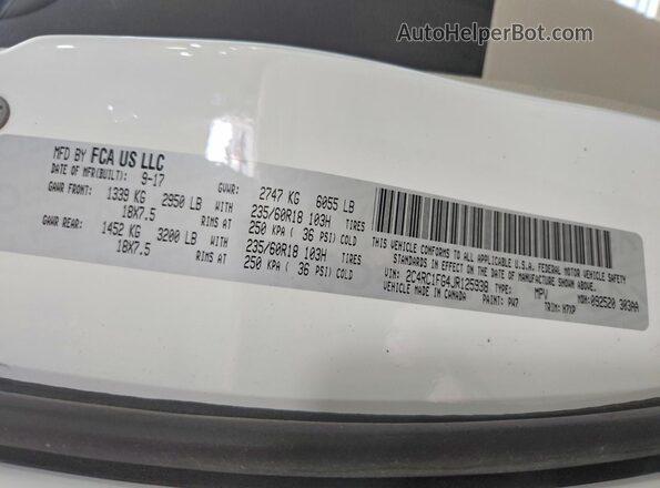 2C4RC1FG4JR125938 2018 CHRYSLER PACIFICA White Вид наклейки з VIN-кодом