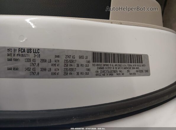 2C4RC1FG4JR278870 2018 CHRYSLER PACIFICA White Widok komory silnika