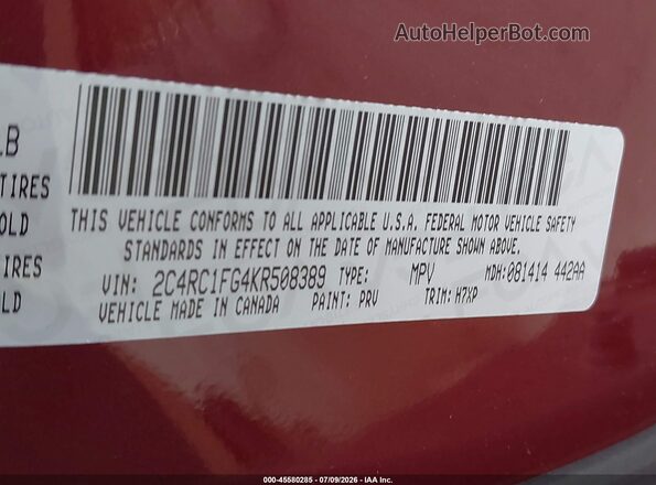 2C4RC1FG4KR508389 2019 CHRYSLER PACIFICA Красный Вид подкапотного пространства