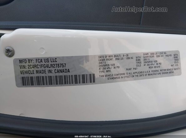 2C4RC1FG4LR278757 2020 CHRYSLER PACIFICA White Vista del compartimento del motor