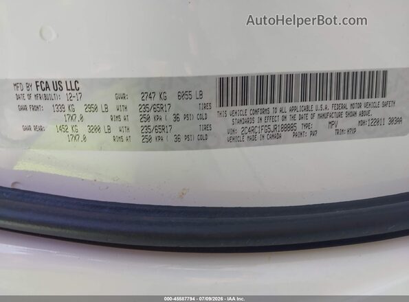 2C4RC1FG5JR188885 2018 CHRYSLER PACIFICA White Շարժիչի բաժամունքի տեսք