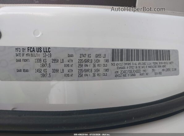 2C4RC1FG8LR143331 2020 CHRYSLER PACIFICA White Vista del compartimento del motor