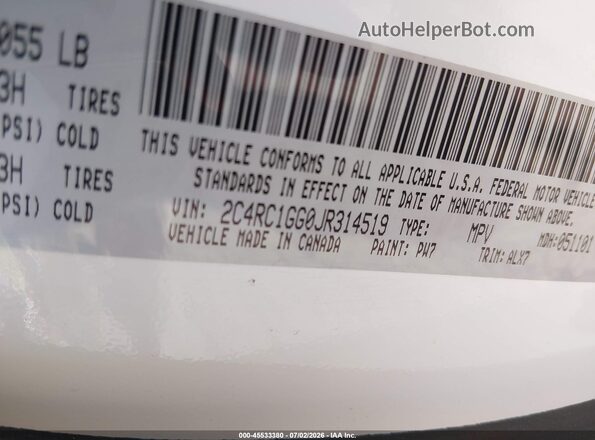 2C4RC1GG0JR314519 2018 CHRYSLER PACIFICA White ძრავის განყოფილების ხედი