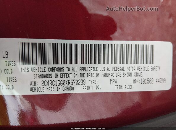 2C4RC1GG0KR570239 2019 CHRYSLER PACIFICA Темно-бордовый Вид подкапотного пространства