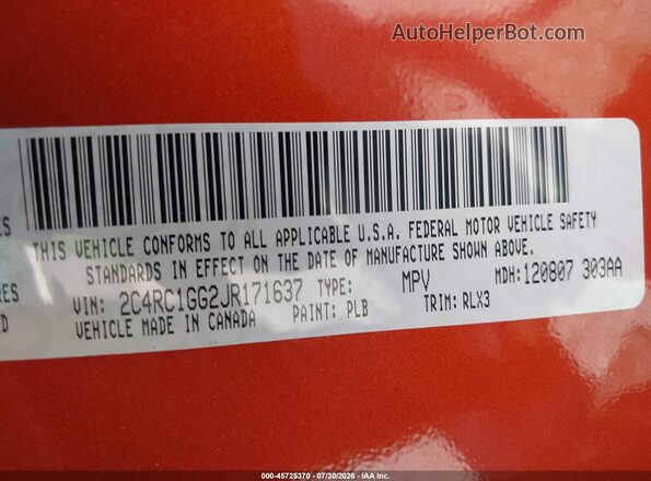 2C4RC1GG2JR171637 2018 CHRYSLER PACIFICA Orange ძრავის განყოფილების ხედი