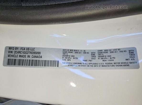 2C4RC1GG2TR205899 2026 CHRYSLER PACIFICA White VIN კოდის სტიკერის ხედი