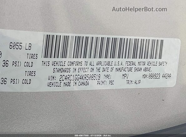 2C4RC1GG4KR508519 2019 CHRYSLER PACIFICA Серебряный Вид подкапотного пространства