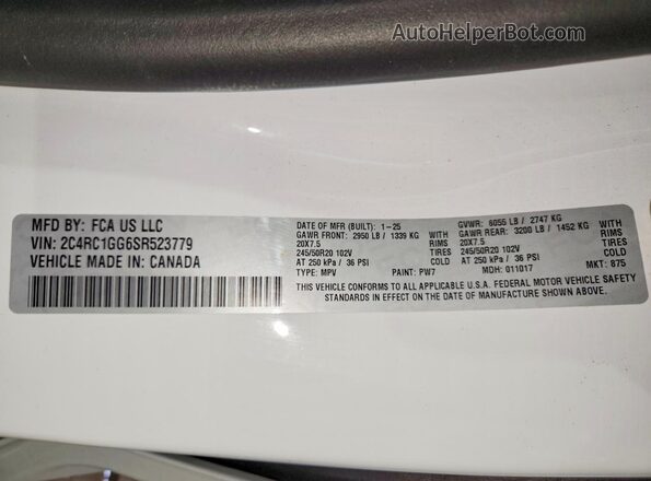 2C4RC1GG6SR523779 2025 CHRYSLER PACIFICA Белый Вид наклейки с VIN-кодом