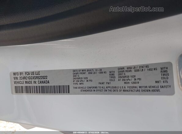 2C4RC1GGXSR522022 2025 CHRYSLER PACIFICA White Շարժիչի բաժամունքի տեսք