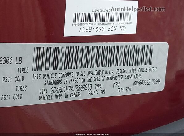 2C4RC1H70JR306919 2018 CHRYSLER PACIFICA Red Vista del compartimento del motor