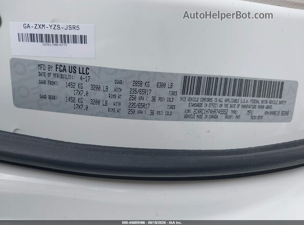 2C4RC1H74HR745552 2017 CHRYSLER PACIFICA White Вид підкапотного простору