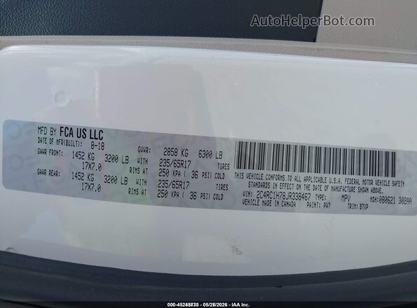 2C4RC1H78JR338467 2018 CHRYSLER PACIFICA White ძრავის განყოფილების ხედი
