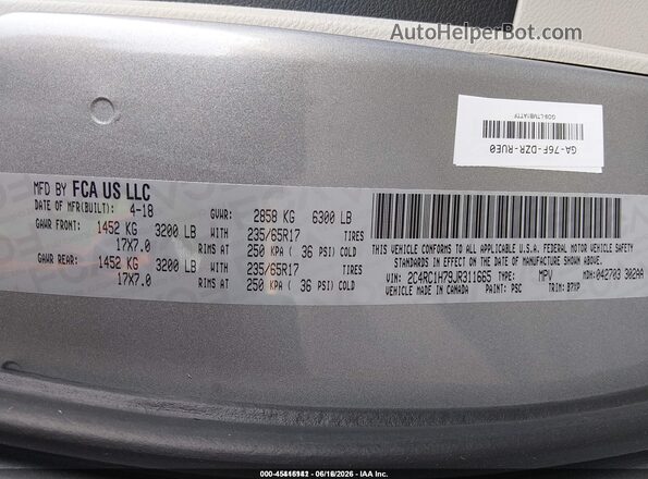 2C4RC1H79JR311665 2018 CHRYSLER PACIFICA Silver Engine compartment view
