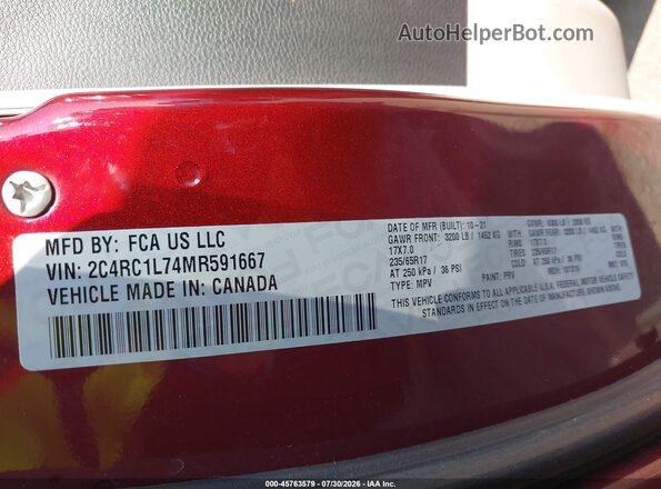 2C4RC1L74MR591667 2021 CHRYSLER PACIFICA Red Շարժիչի բաժամունքի տեսք