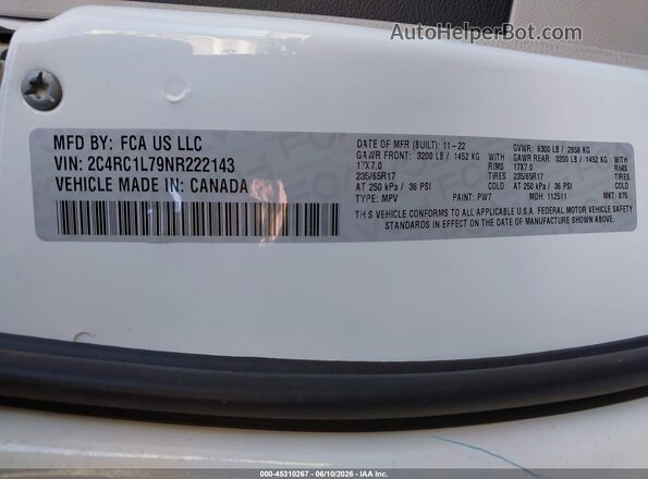 2C4RC1L79NR222143 2022 CHRYSLER PACIFICA White Շարժիչի բաժամունքի տեսք