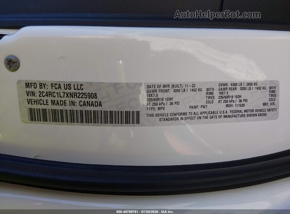 2C4RC1L7XNR225908 2022 CHRYSLER PACIFICA White Vista del compartimento del motor