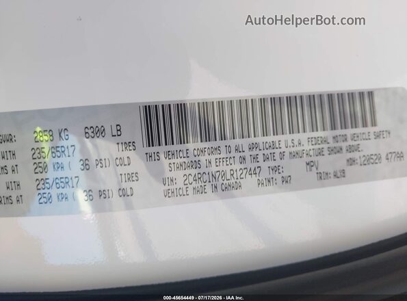 2C4RC1N70LR127447 2020 CHRYSLER PACIFICA Белый Вид подкапотного пространства