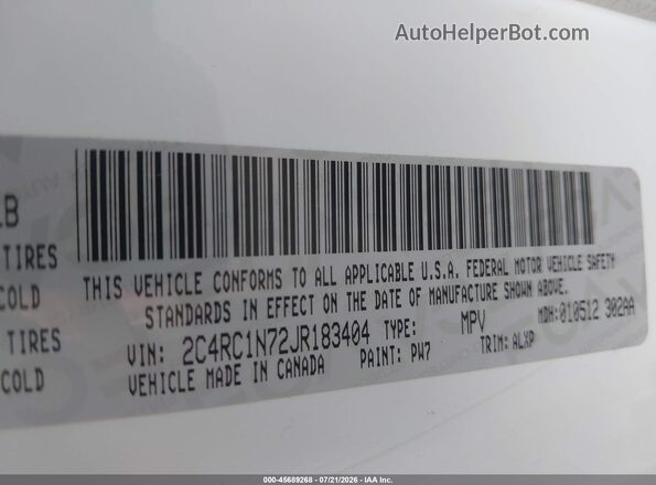 2C4RC1N72JR183404 2018 CHRYSLER PACIFICA White Vista del compartimento del motor