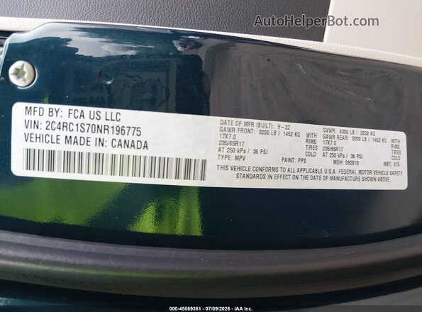2C4RC1S70NR196775 2022 CHRYSLER PACIFICA Синий Вид подкапотного пространства