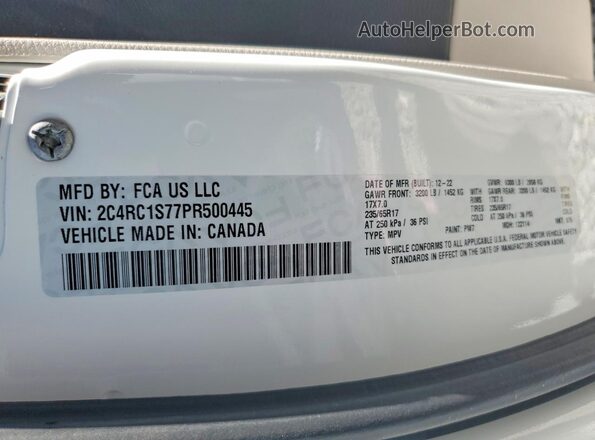 2C4RC1S77PR500445 2023 CHRYSLER PACIFICA Белый Вид наклейки с VIN-кодом