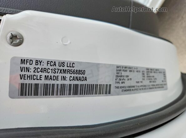 2C4RC1S7XMR568850 2021 CHRYSLER PACIFICA Белый Вид наклейки с VIN-кодом
