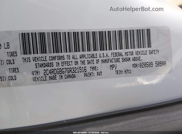 2C4RDGBG7GR321516 2016 DODGE GRAND CARAVAN White Widok komory silnika
