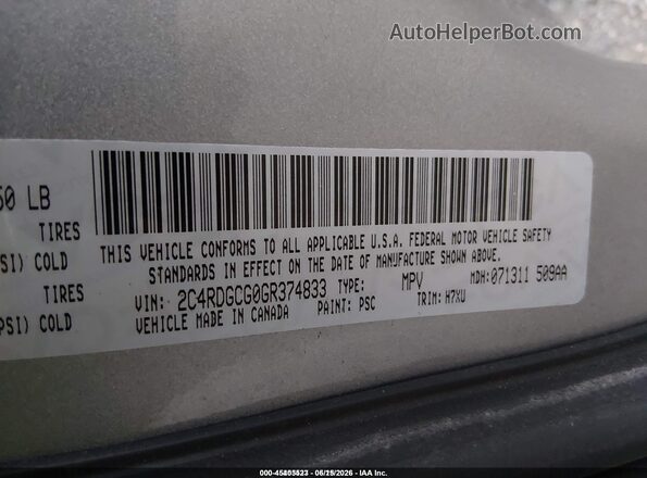 2C4RDGCG0GR374833 2016 DODGE GRAND CARAVAN Silver Engine compartment view
