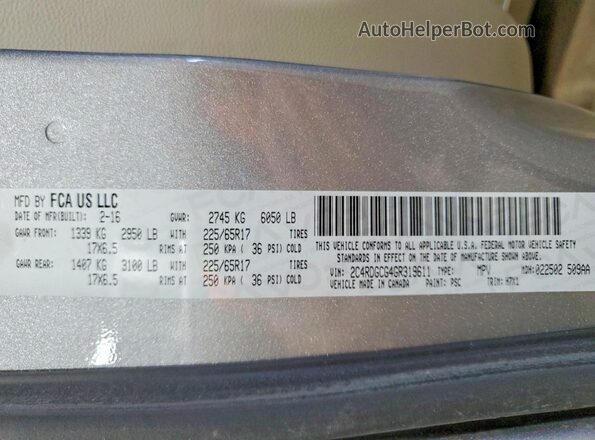 2C4RDGCG4GR319611 2016 DODGE GRAND Gray Вид наклейки з VIN-кодом